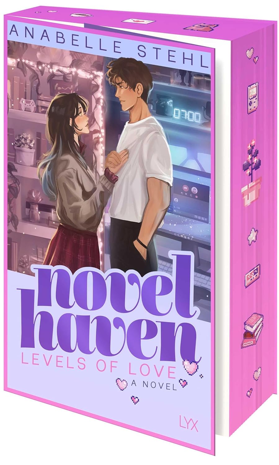 Book cover of 'Novel Haven: Levels of Love' by Anabelle Stehl with a pink border and illustration of two people.