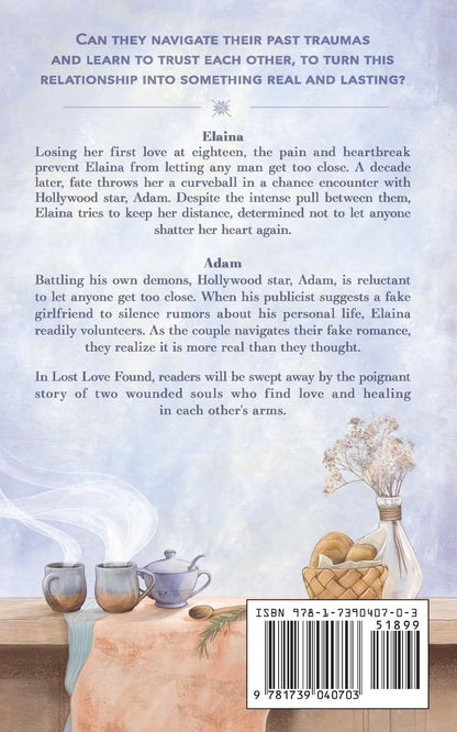 Book back cover with text and a decorative scene of a table with mugs and flowers.
