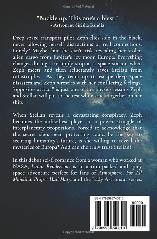 Back cover of the book, featuring a dark space-themed background with white text, a quote at the top, and a barcode with ISBN 97808995747801 at the bottom right.