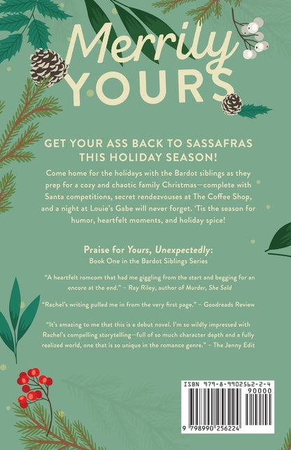 back of The book "merrily yours" by rachel lewis with a holiday foliage pattern