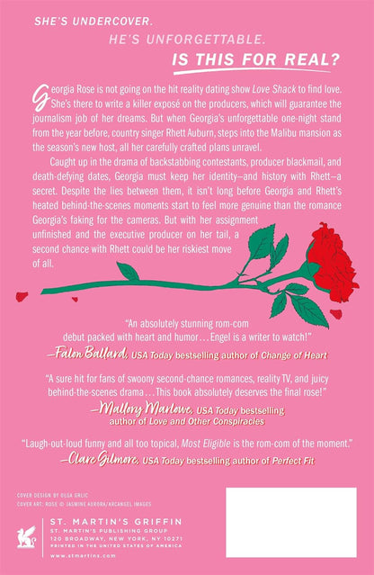 Book cover with a pink background, red rose, and text about a reality show and mystery.