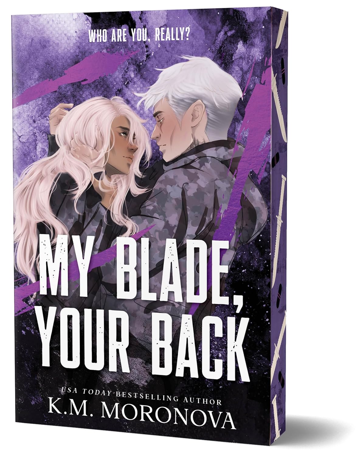Book cover of 'My Blade, Your Back' with two characters and a purple background