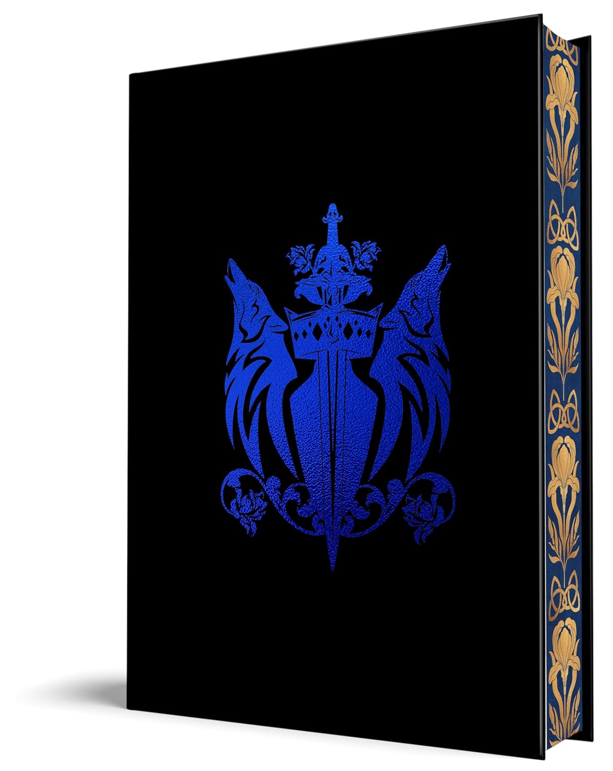 Black book with blue emblem and gold decorative spine on a white background