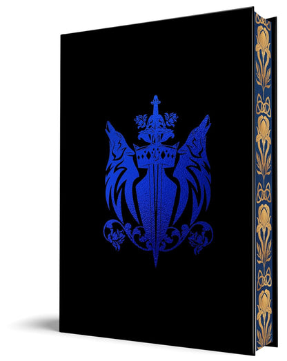 Black book with blue emblem and gold decorative spine on a white background