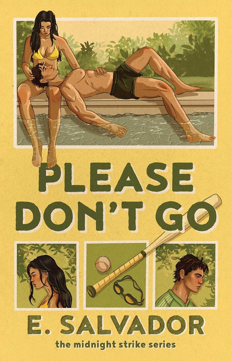 Book cover of 'Please Don't Go' by E. Salvador with illustrations and text on a yellow background.