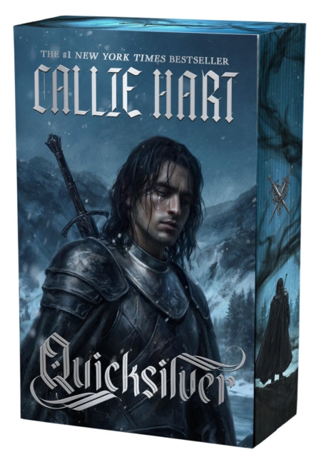 Book box for 'Quicksilver' by Callie Hart, featuring fantasy cover art of a dark-haired warrior in armor against a snowy mountain landscape, with the title in ornate white lettering.
