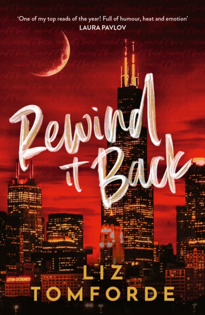 Book cover of 'Rewind It Back' by Liz Tomforde with a city skyline and moon in the background.