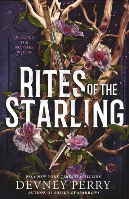 Book cover of 'Rites of the Starling' with flowers and a sword.