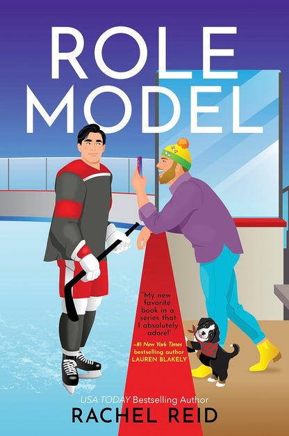 Book cover of 'Role Model' featuring two men on an ice rink with a dog.