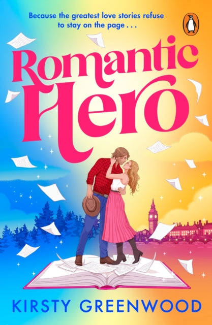 Book cover of 'Romantic Hero' by Kirsty Greenwood with a couple embracing on an open book against a colorful sky.