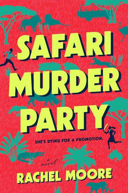 Book cover of 'Safari Murder Party' with colorful text and silhouettes on a red background