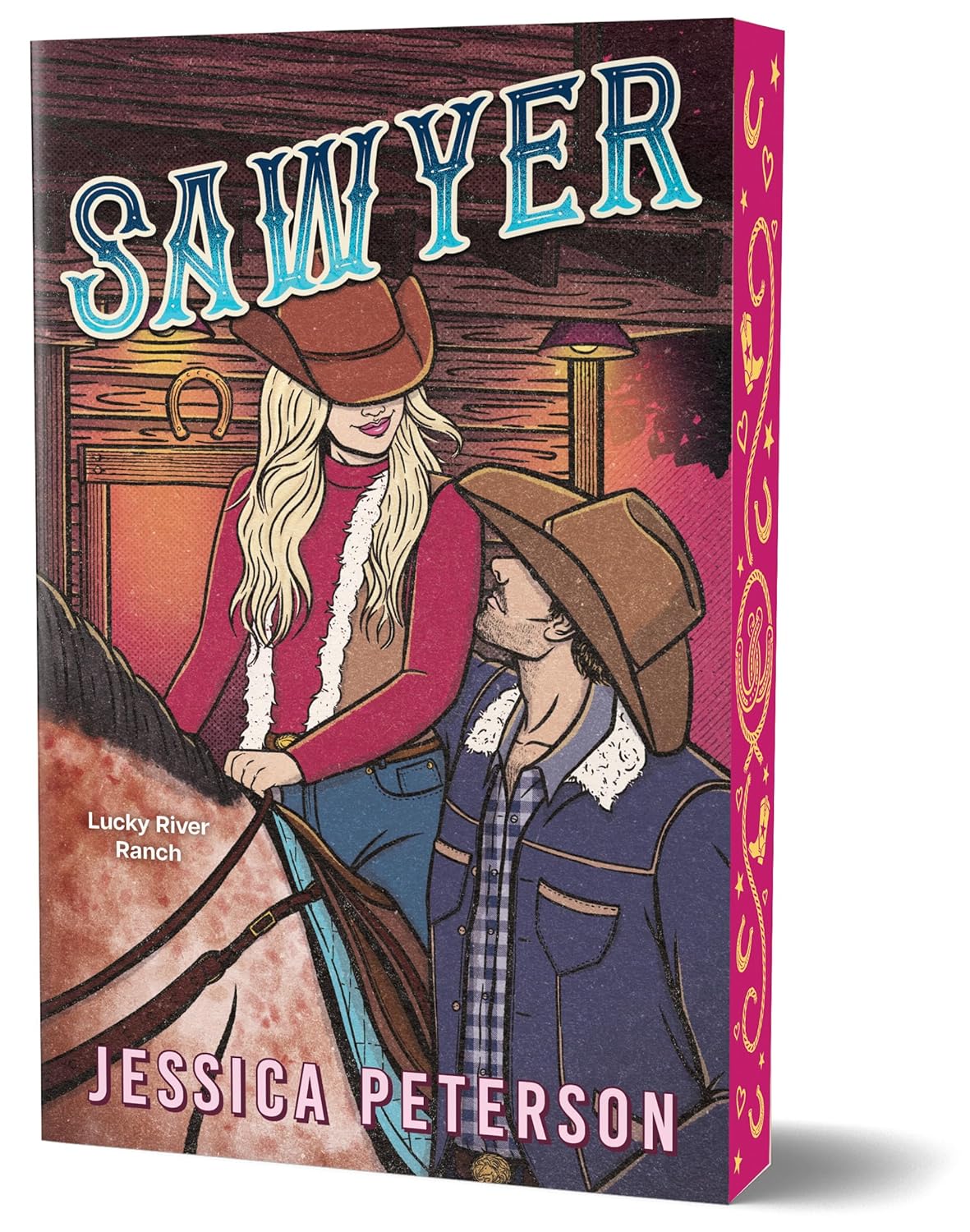Book cover of 'Sawyer' by Jessica Peterson with illustration of a woman on a horse and a man next to her.