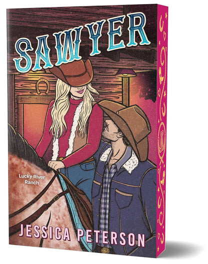Book cover of 'Sawyer' by Jessica Peterson with illustration of a woman on a horse and a man next to her.