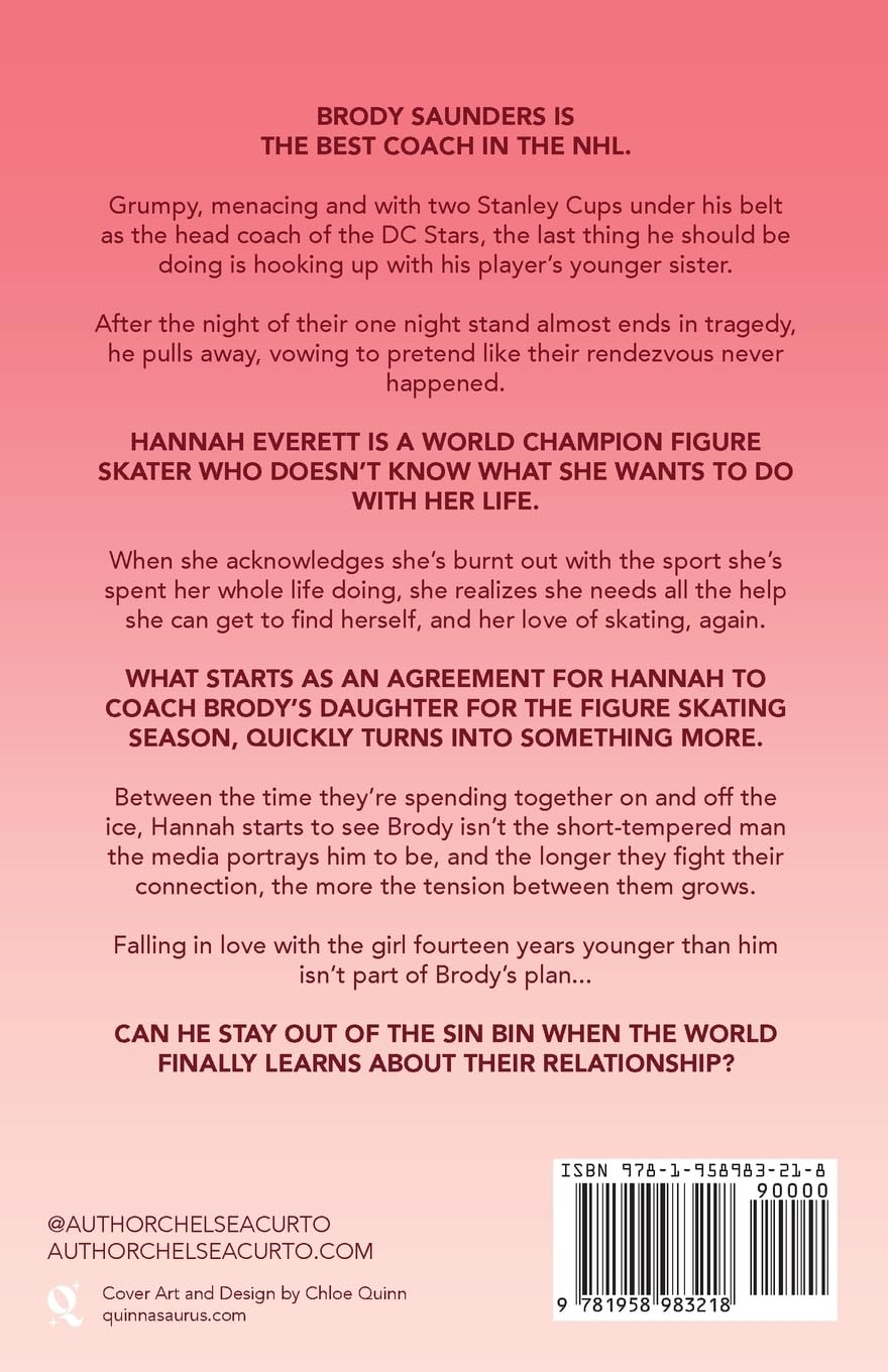 Book back cover with text about a coach and figure skater relationship on a pink background