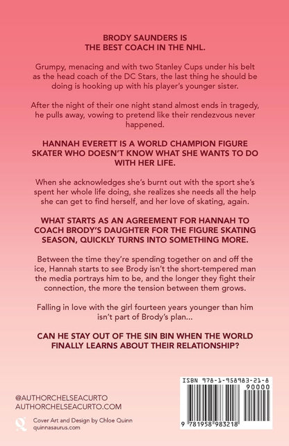 Book back cover with text about a coach and figure skater relationship on a pink background