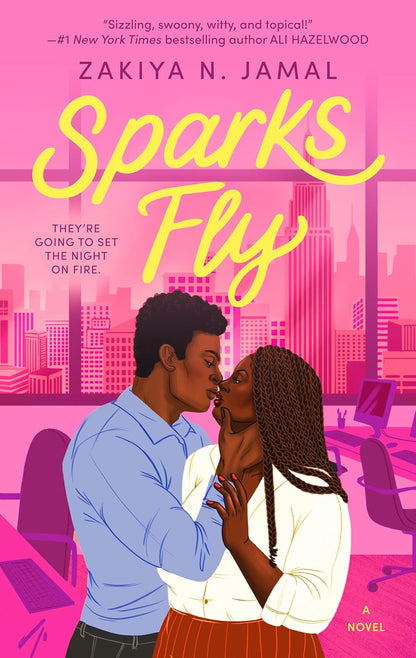 "Sparks fly" book by Zakiya N Jamal, which shows a couple embracing, on a pink background