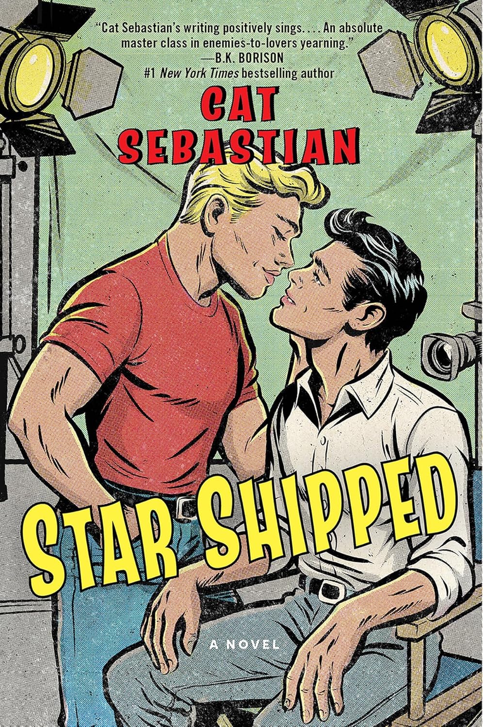 Book cover of 'Star Shipped' by Cat Sebastian featuring two men embracing with movie theater lights in the background.