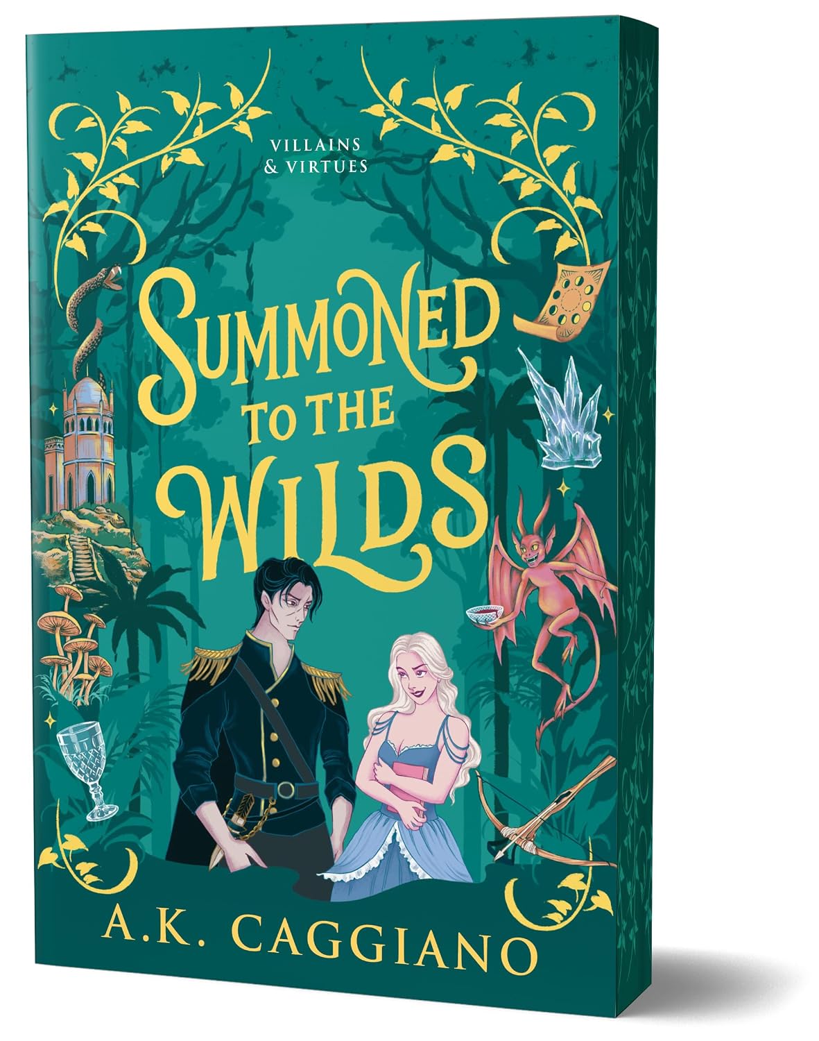 Book cover of 'Summoned to the Wilds' by A.K. Caggiano with illustrations and text on a green background.