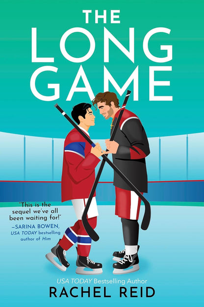 Book cover of 'The Long Game' featuring two hockey players on an ice rink.