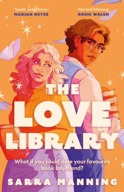 Book cover of 'The Love Library' featuring two characters against an orange background.