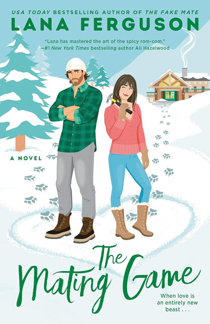 Book cover of 'The Mating Game' by Lana Ferguson featuring two people in a snowy landscape.