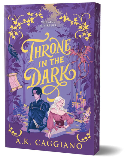 Book cover of 'Throne in the Dark' with purple background and characters illustration