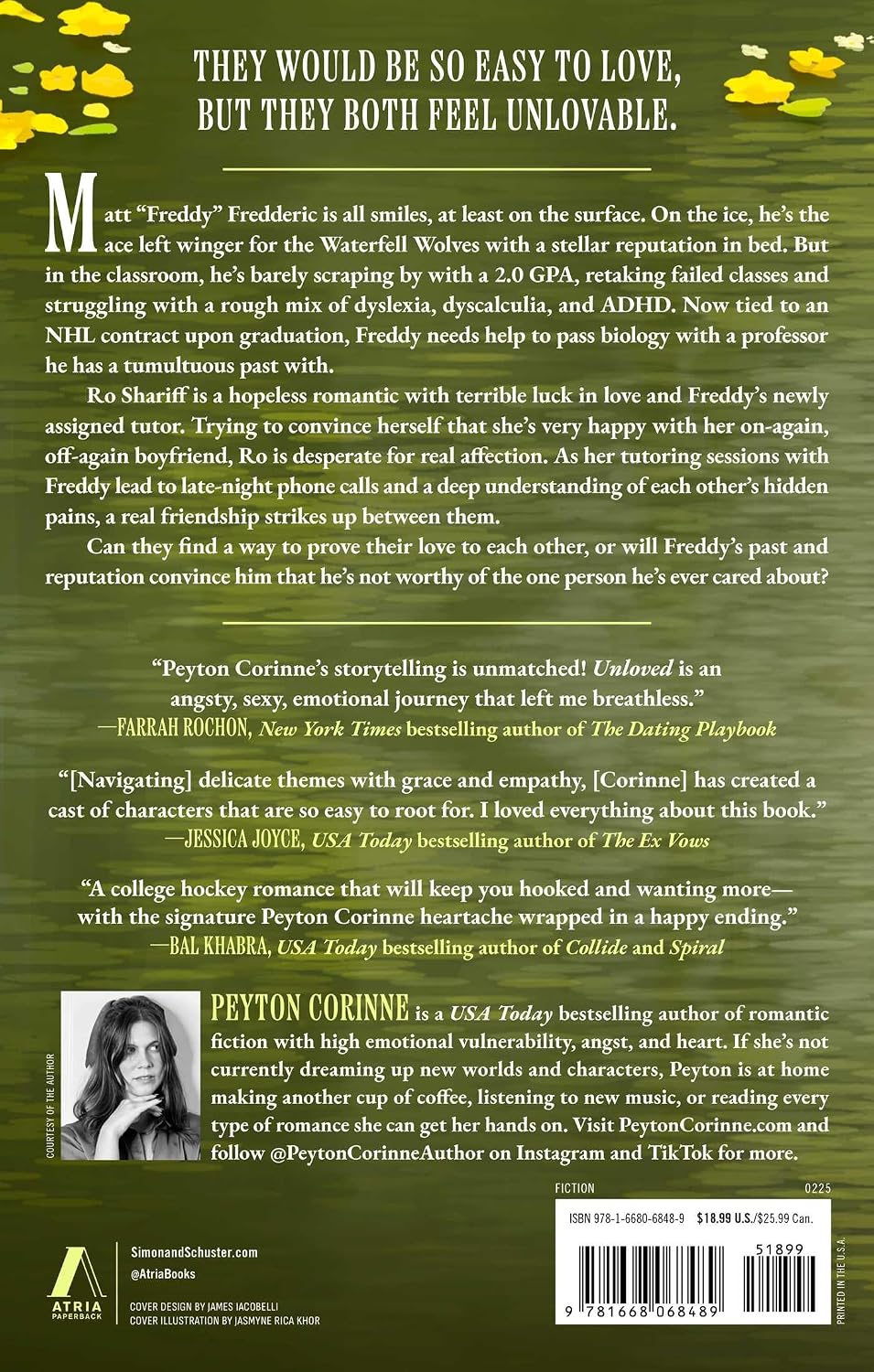 Back cover of a book titled 'The Unloveable' by Peyton Corinne, featuring a dark olive green background with yellow leaf graphics in the top corners, a large serif title, author quote, review excerpts, a small portrait photo, and a barcode at the bottom.