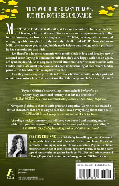 Back cover of a book titled 'The Unloveable' by Peyton Corinne, featuring a dark olive green background with yellow leaf graphics in the top corners, a large serif title, author quote, review excerpts, a small portrait photo, and a barcode at the bottom.