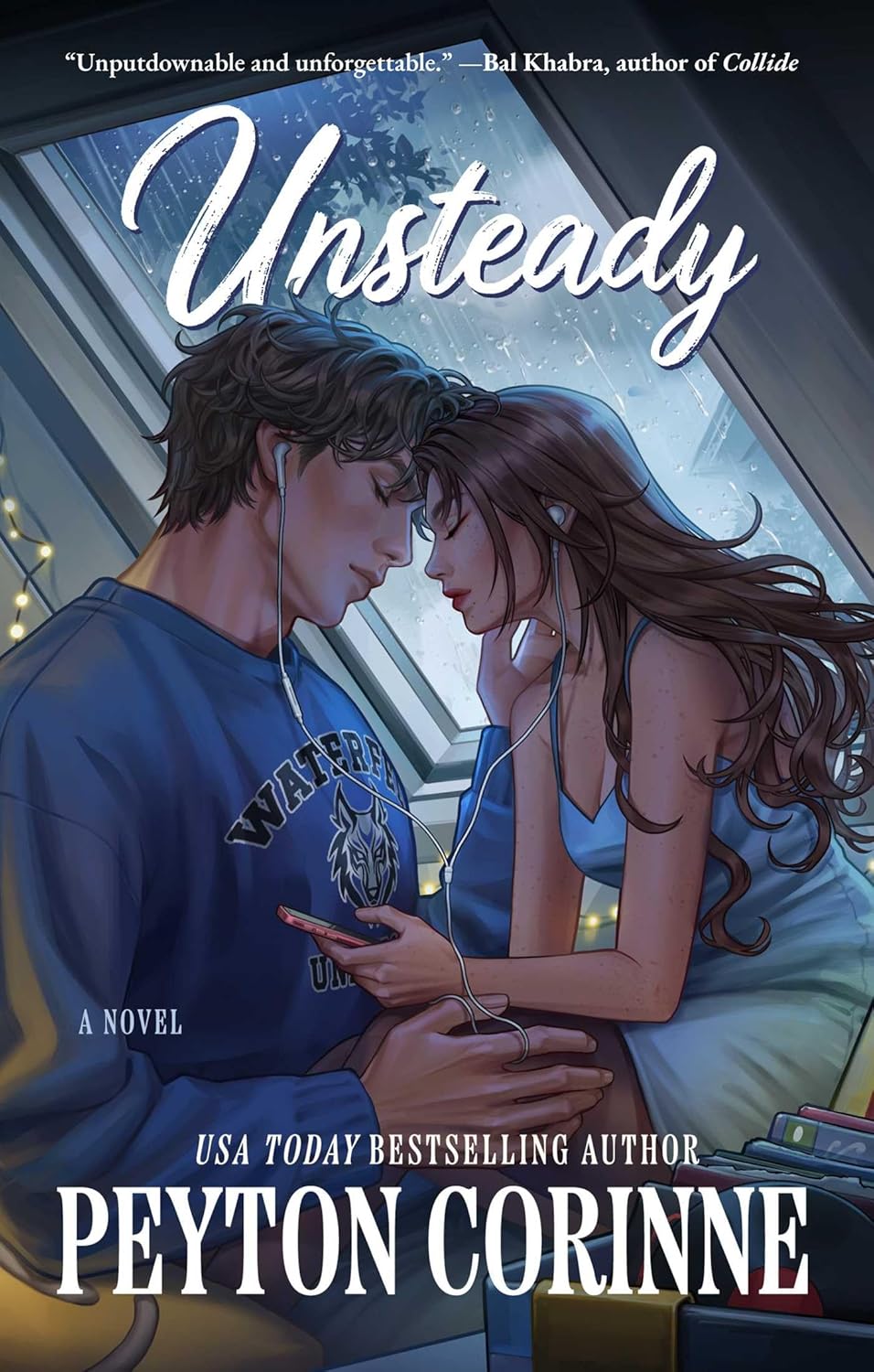 Book cover of 'Unsteady' by Peyton Corinne featuring two people sitting close together.