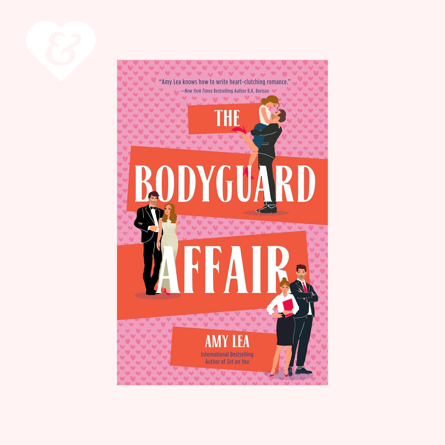 Book cover of 'The Bodyguard Affair' by Amy Lea with illustrations of people on a pink and orange background.