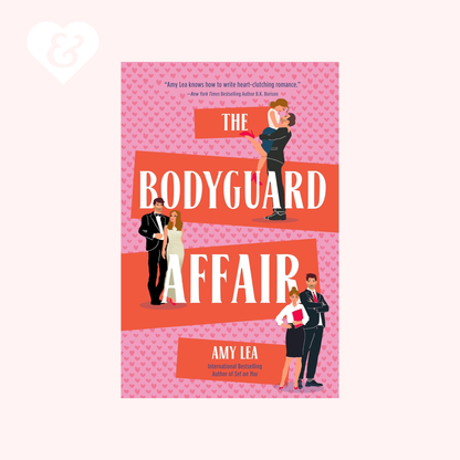 Book cover of 'The Bodyguard Affair' by Amy Lea with illustrations of people on a pink and orange background.