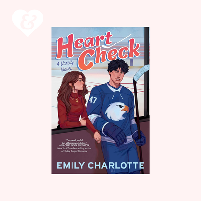 Book cover of 'Heart Check' by Emily Charlotte featuring two characters near a hockey net.