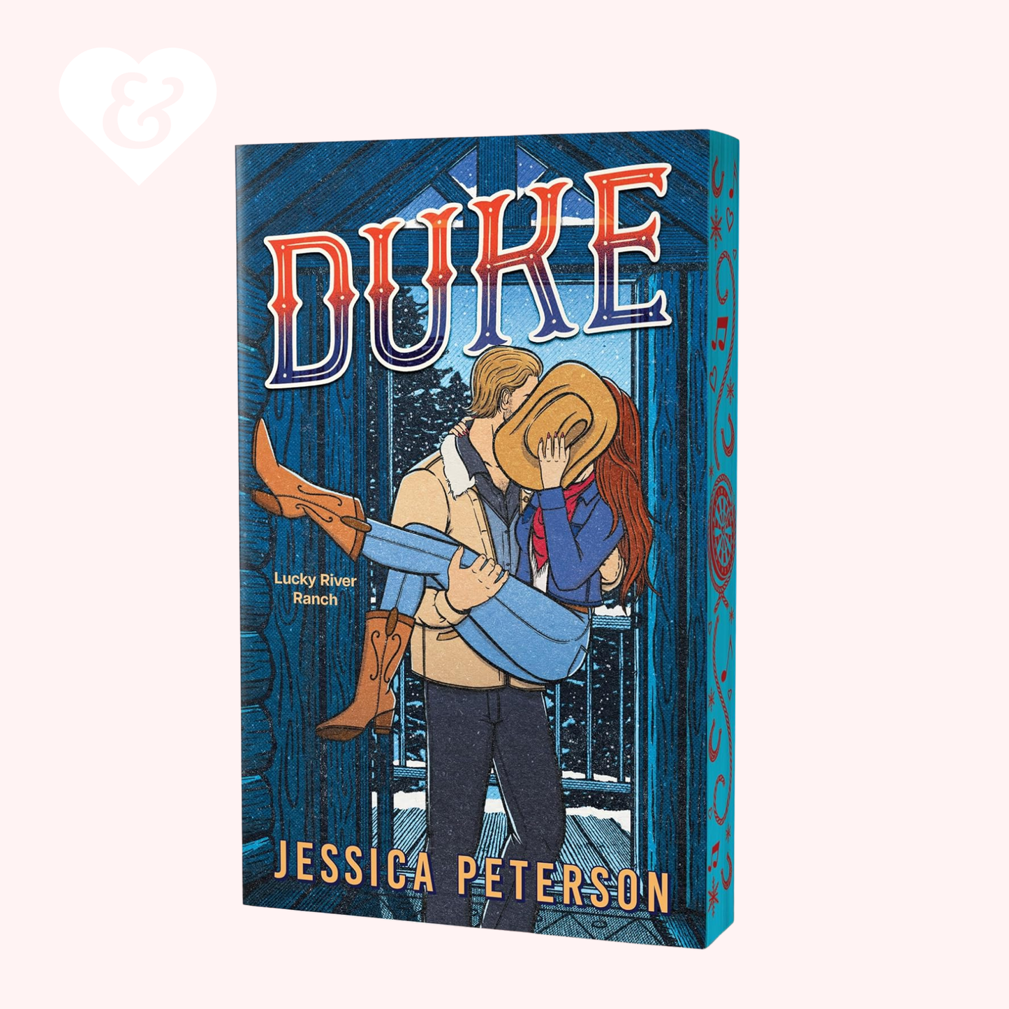 Book cover of 'Duke' by Jessica Peterson with a couple embracing in a forest.