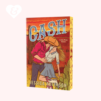 Book cover of 'Cash' by Jessica Peterson with a cowboy and cowgirl illustration on a red background.