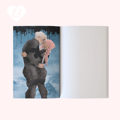 Artistic depiction of two figures embracing with a blue and black abstract background