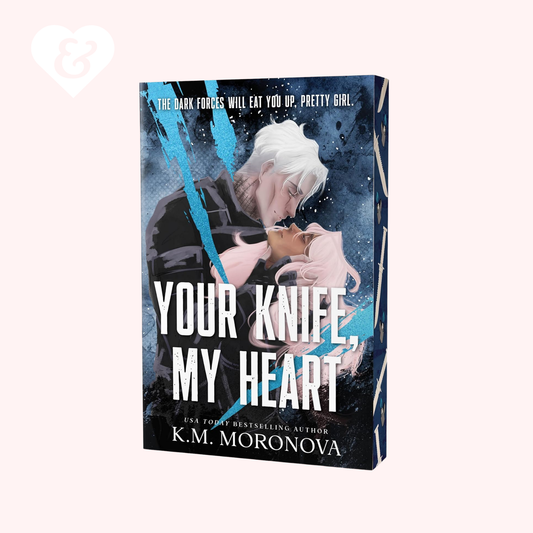 Book cover of 'Your Knife, My Heart' by K.M. Moronova with a stylized illustration on a white background.