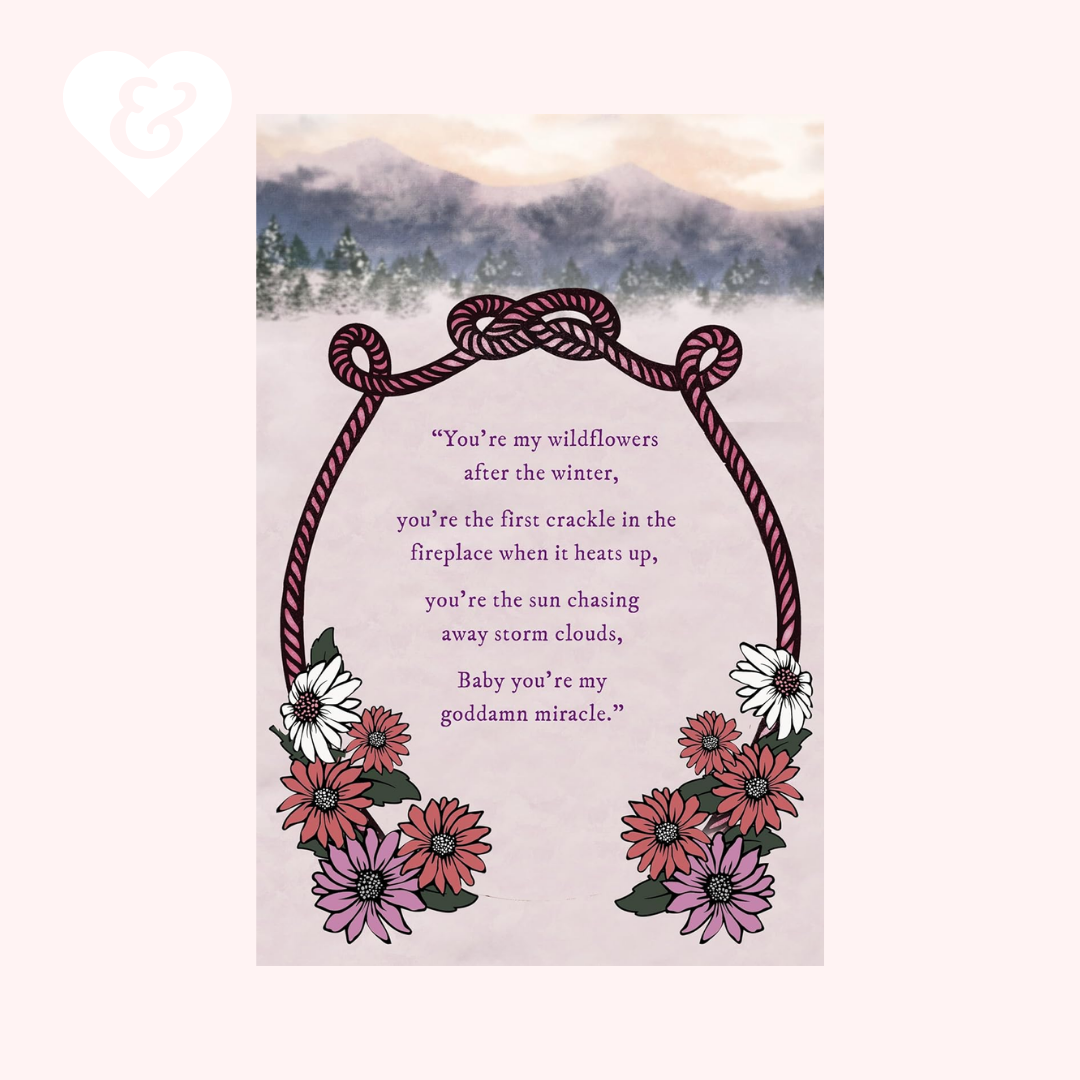 Card with floral design and romantic text on a snowy landscape background