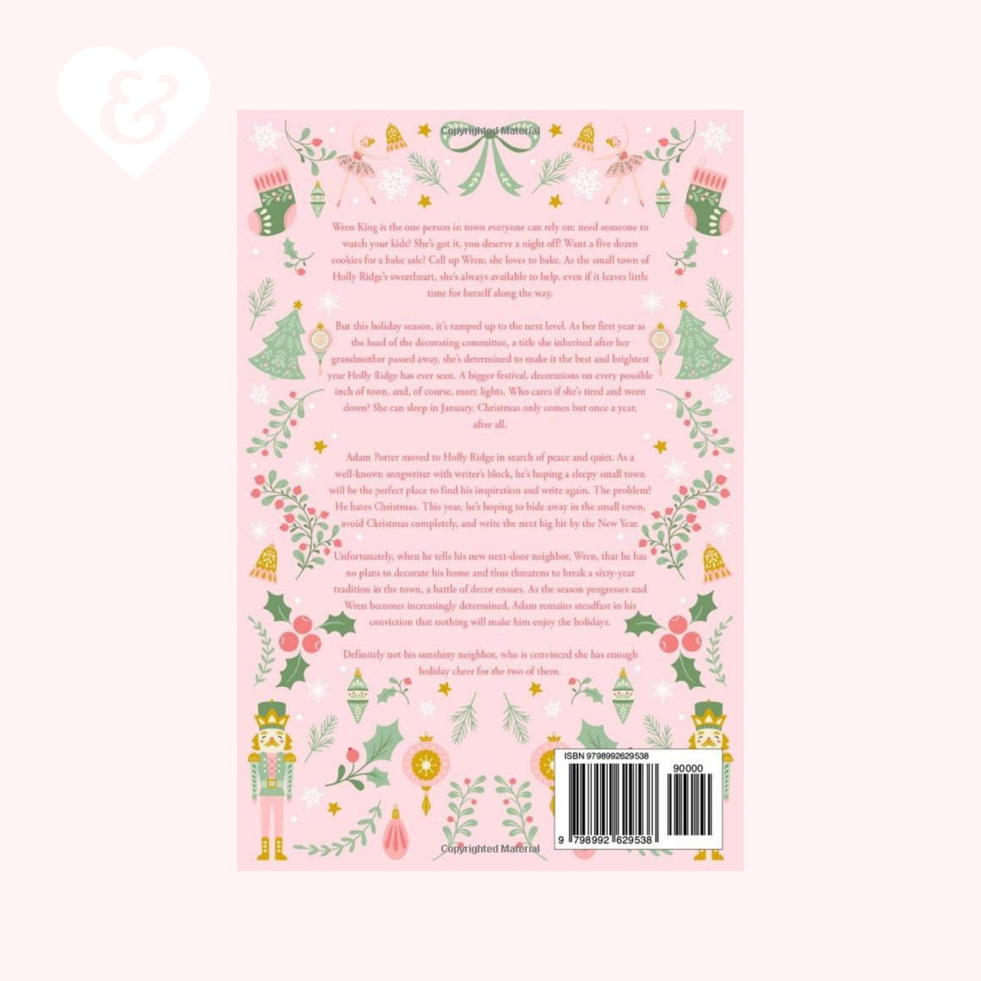 Back cover of a book with decorative Christmas illustrations on a pink background