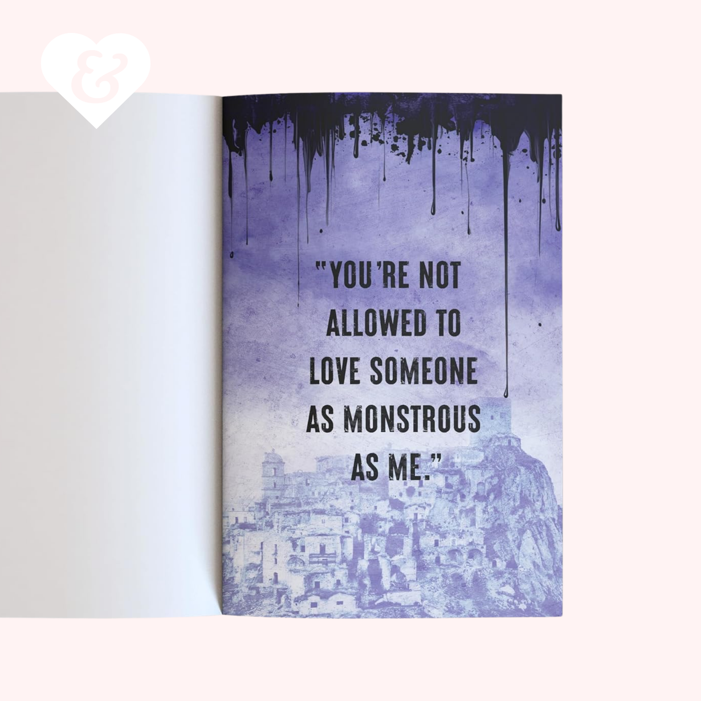 Book with a purple and white design and text on a white background