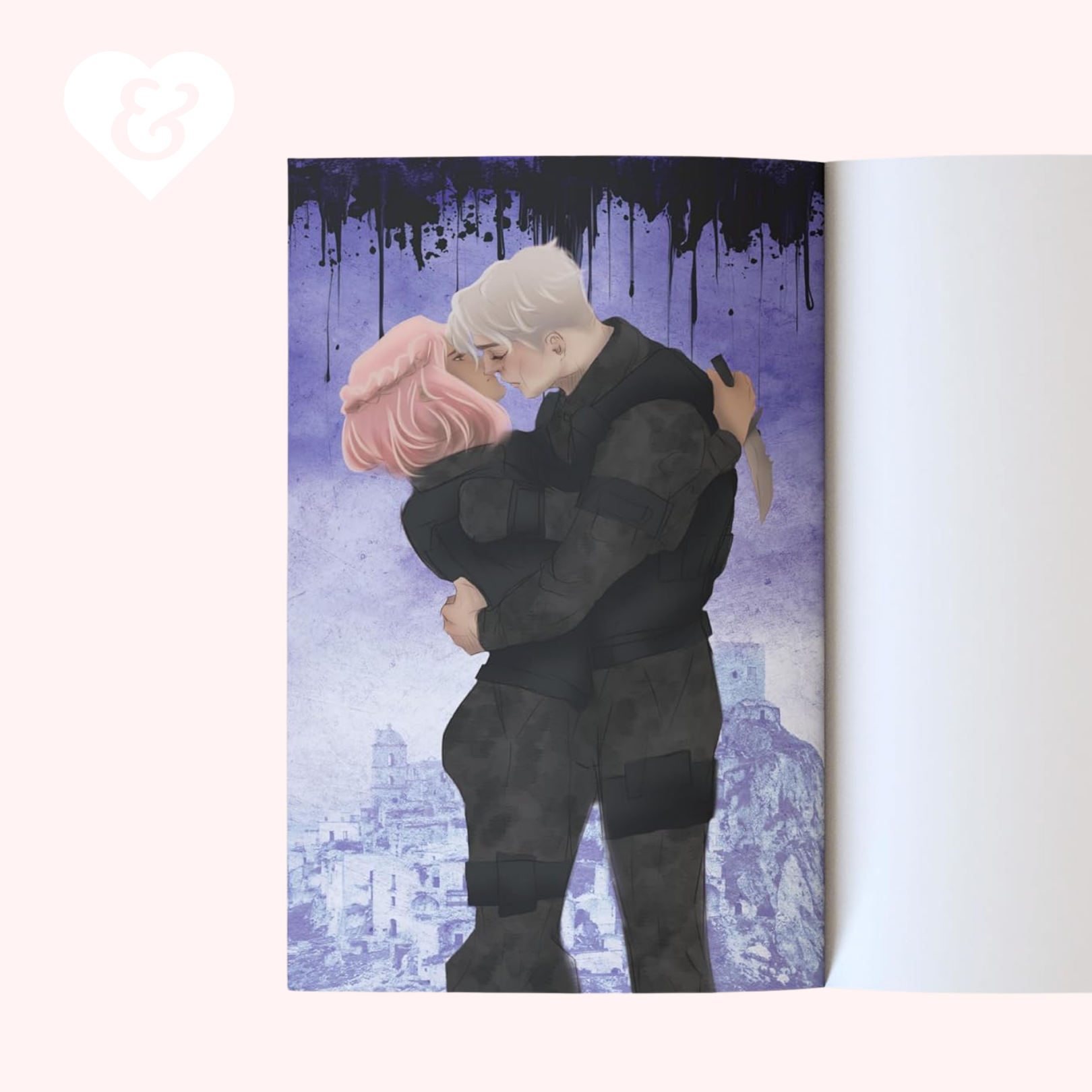 Illustration of two characters hugging with a cityscape in the background