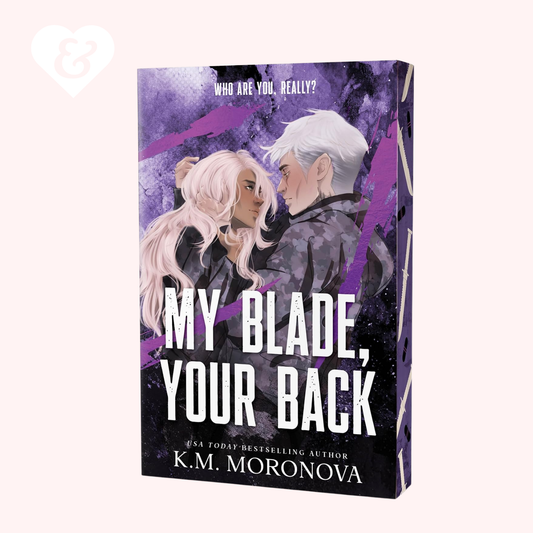 Book cover of 'My Blade, Your Back' with stylized illustration of two characters against a purple gradient background.