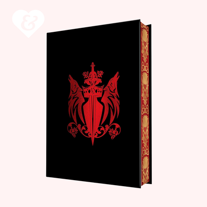 Black book with red emblem and gold decorative spine on a white background