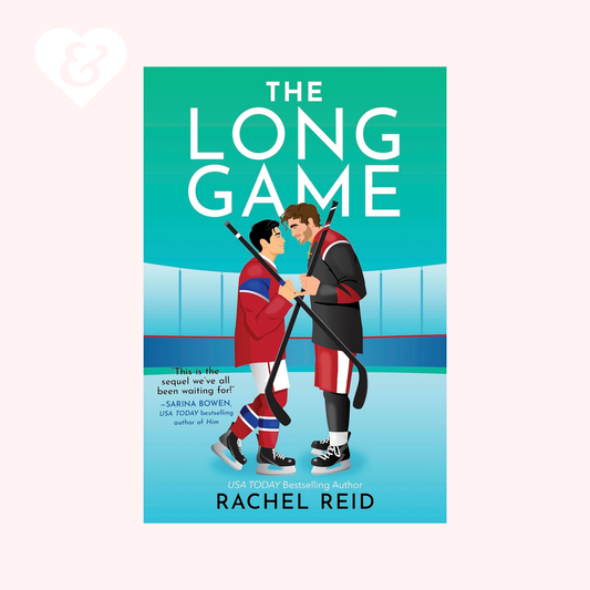 Book cover of 'The Long Game' by Rachel Reid featuring two hockey players on an ice rink.