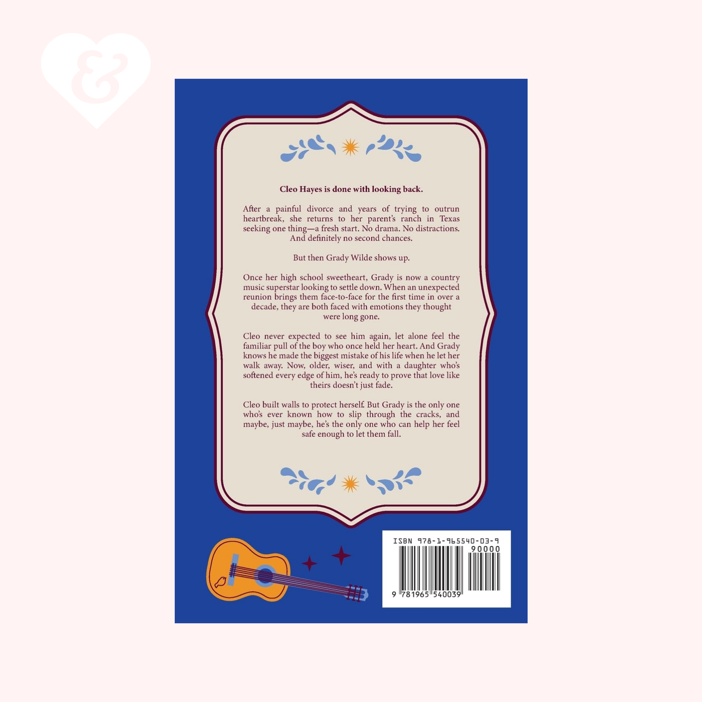 Book back cover with text and guitar illustration on a blue background
