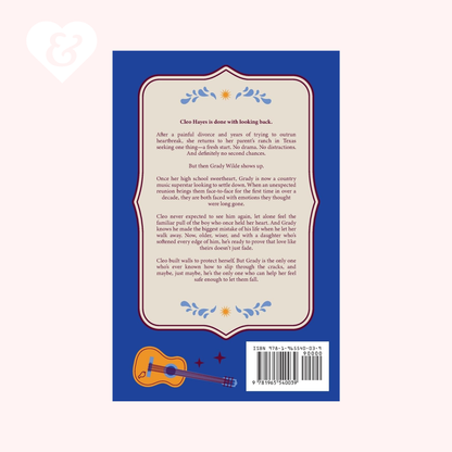 Book back cover with text and guitar illustration on a blue background