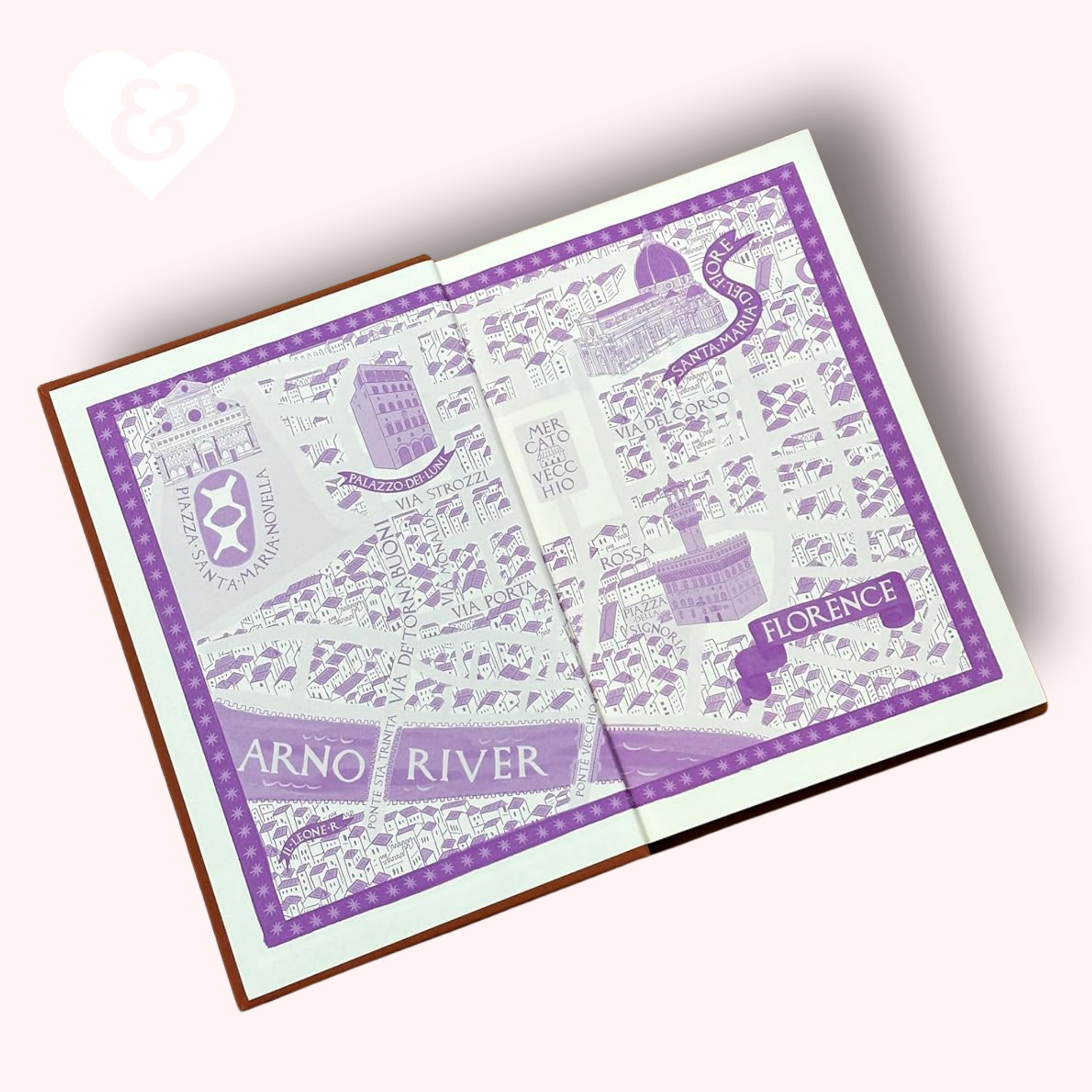 Open book with purple illustrations and text on a white background