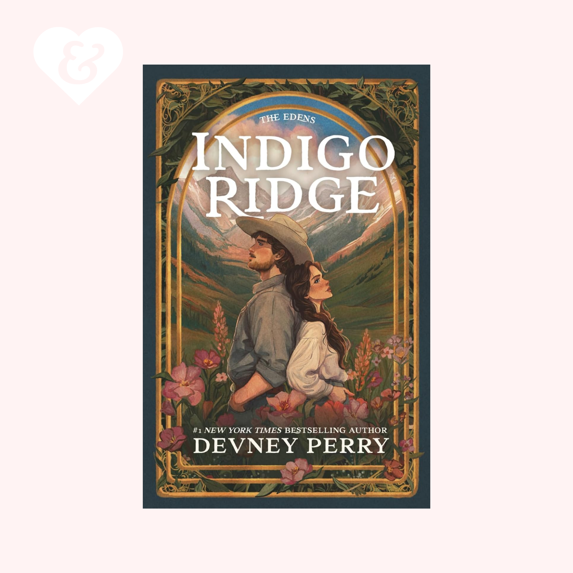 Book cover of 'Indigo Ridge' by Devney Perry with a couple in a field and decorative border.