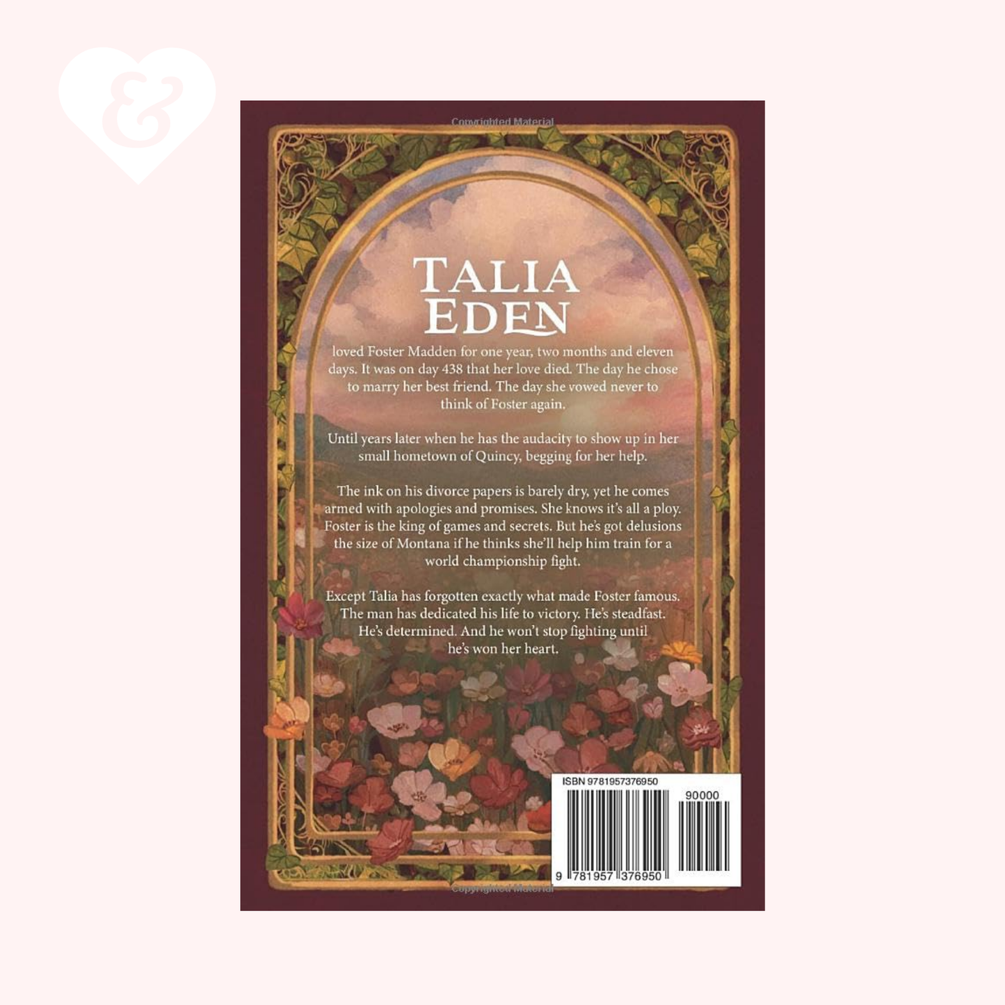 Book cover with decorative text and floral design on a white background