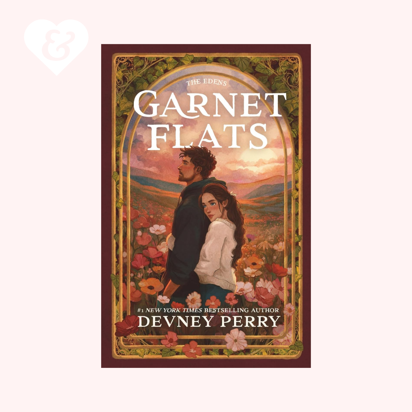 Book cover of 'Garnet Flats' by Devney Perry with a couple in a field and decorative border.