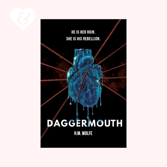 Book cover of 'Daggermouth' with a blue heart  design on a black background.